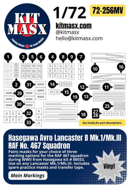 Hasegawa Avro Lancaster B Mk.1/Mk.III RAF No. 467 Squadron 1/72 Main Marking Paint Masks, Kit # 00553