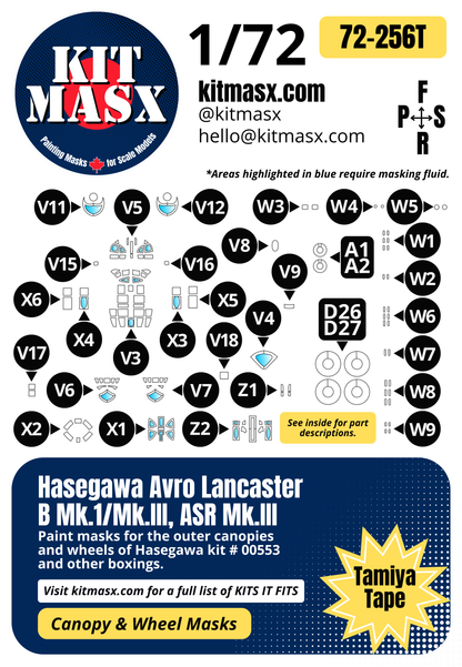 Hasegawa Avro Lancaster B Mk.1/Mk.III, ASR Mk.III 1/72 Canopy & Wheel Paint Masks, Kit # 00553