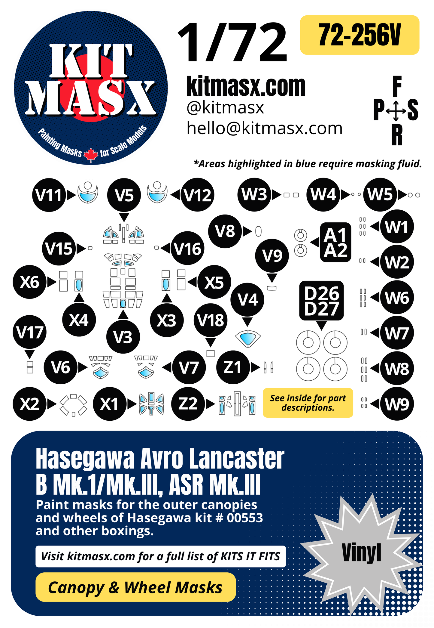 Hasegawa Avro Lancaster B Mk.1/Mk.III, ASR Mk.III 1/72 Canopy & Wheel Paint Masks, Kit # 00553