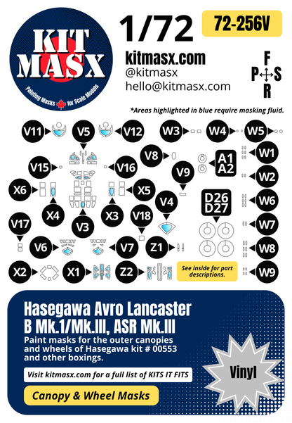 Hasegawa Avro Lancaster B Mk.1/Mk.III, ASR Mk.III 1/72 Canopy & Wheel Paint Masks, Kit # 00553
