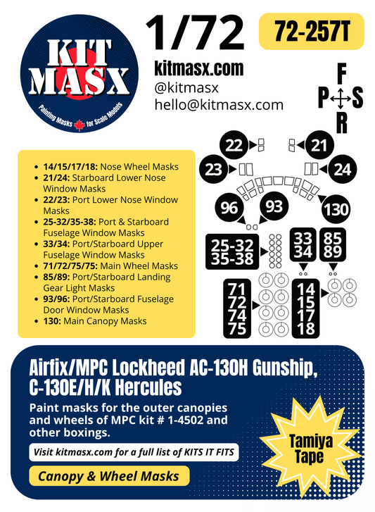 Airfix/MPC Lockheed AC-130H Gunship, C-130E/H/K Hercules 1/72 Canopy & Wheel Paint Masks, Kit # 1-4502