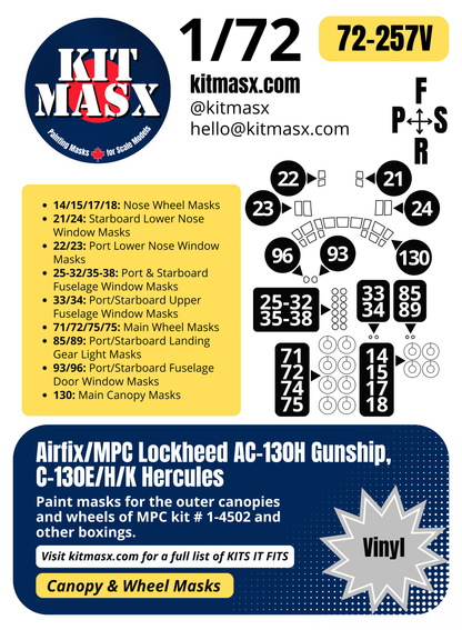 Airfix/MPC Lockheed AC-130H Gunship, C-130E/H/K Hercules 1/72 Canopy & Wheel Paint Masks, Kit # 1-4502