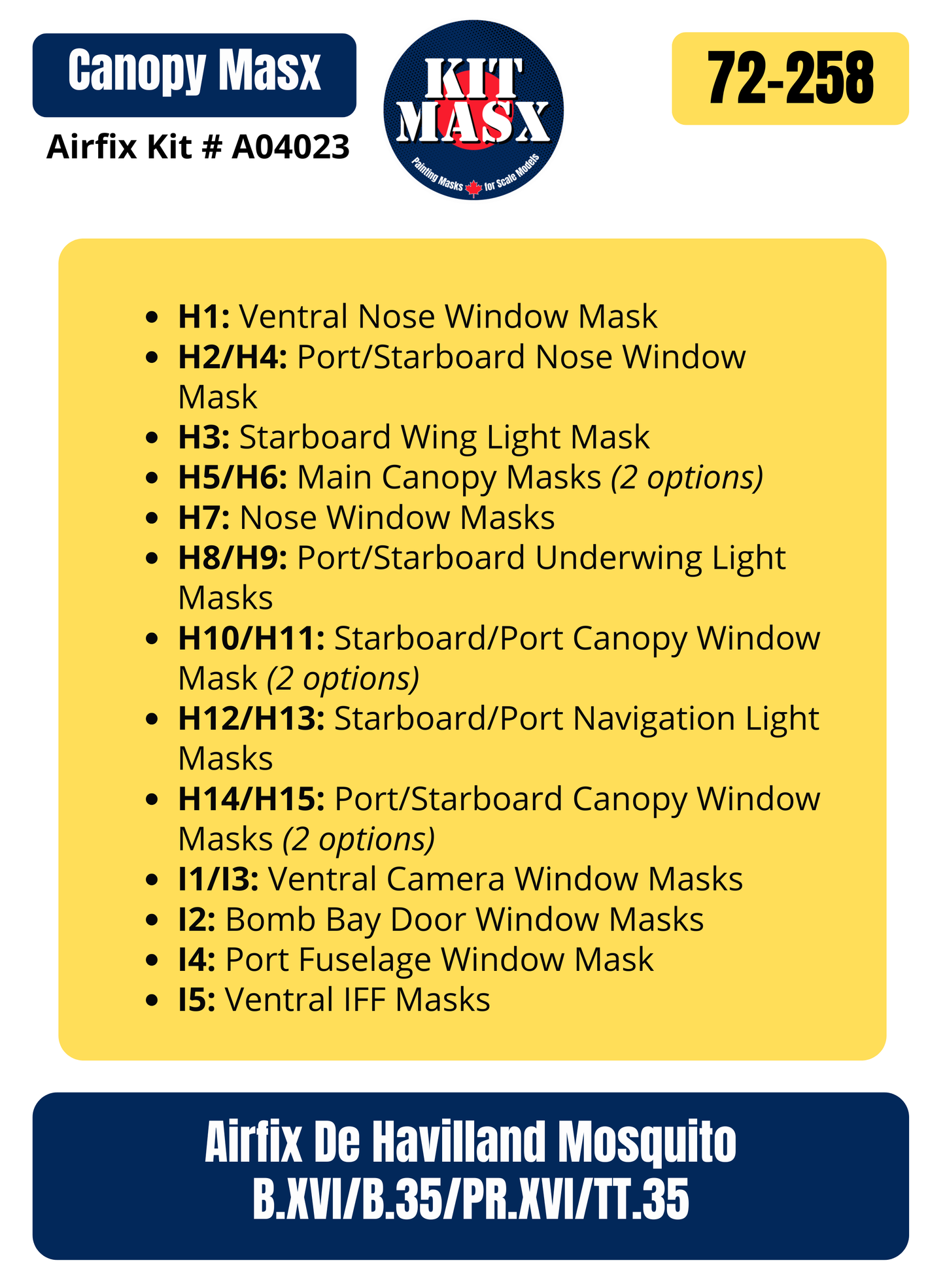 Airfix De Havilland Mosquito B.XVI/B.35/PR.XVI/TT.35 1/72 Canopy Paint Masks, Kit # A04023, A04065