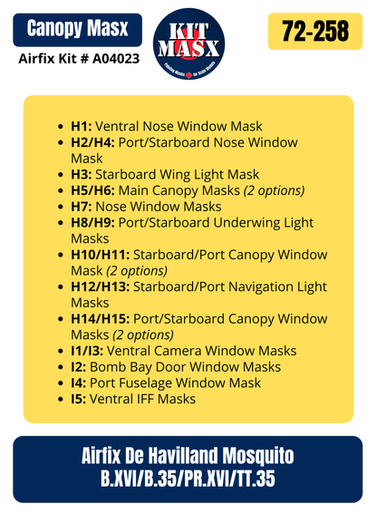 Airfix De Havilland Mosquito B.XVI/B.35/PR.XVI/TT.35 1/72 Canopy Paint Masks, Kit # A04023, A04065