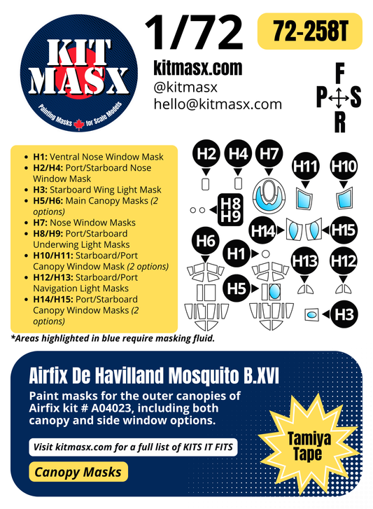 Airfix De Havilland Mosquito B.XVI 1/72 Canopy Paint Masks, Kit # A04023