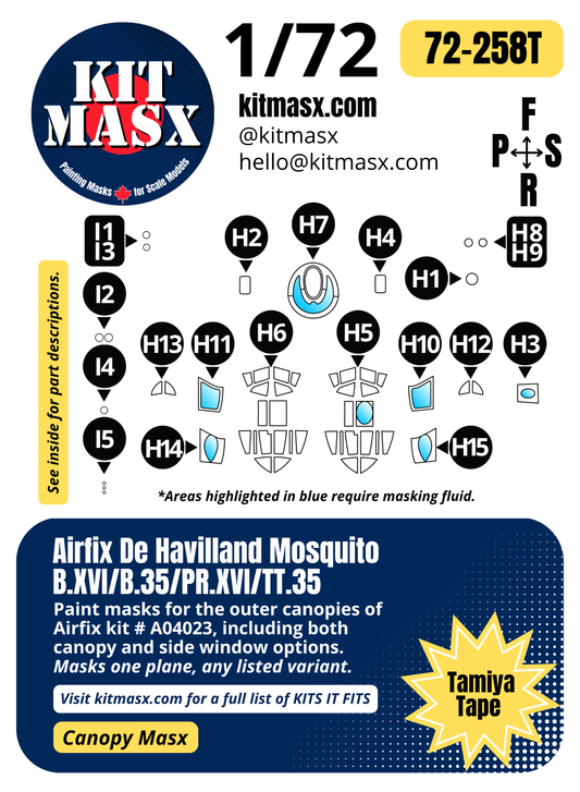 Airfix De Havilland Mosquito B.XVI/B.35/PR.XVI/TT.35 1/72 Canopy Paint Masks, Kit # A04023, A04065