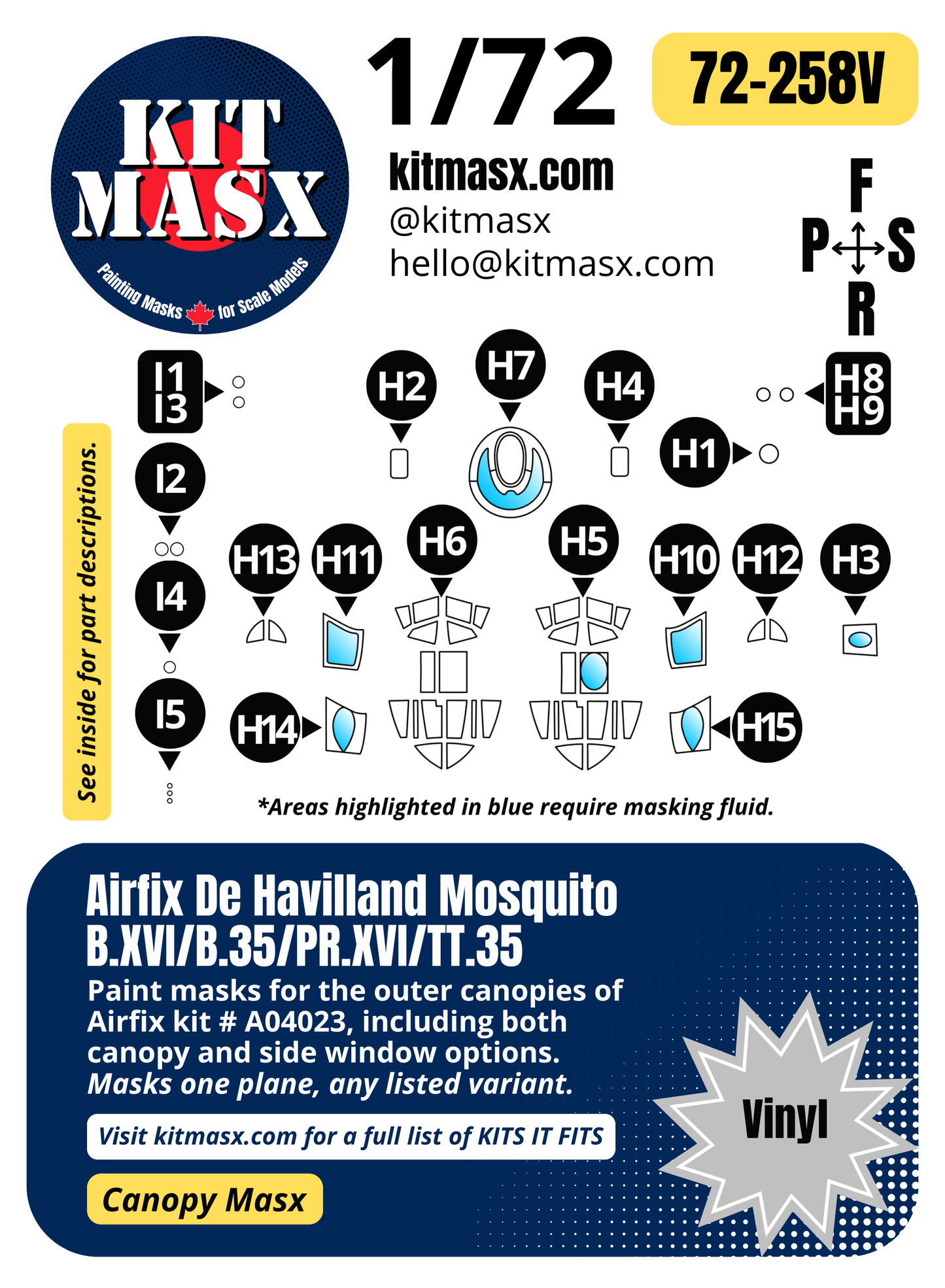 Airfix De Havilland Mosquito B.XVI/B.35/PR.XVI/TT.35 1/72 Canopy Paint Masks, Kit # A04023, A04065