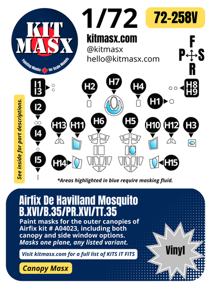 Airfix De Havilland Mosquito B.XVI/B.35/PR.XVI/TT.35 1/72 Canopy Paint Masks, Kit # A04023, A04065