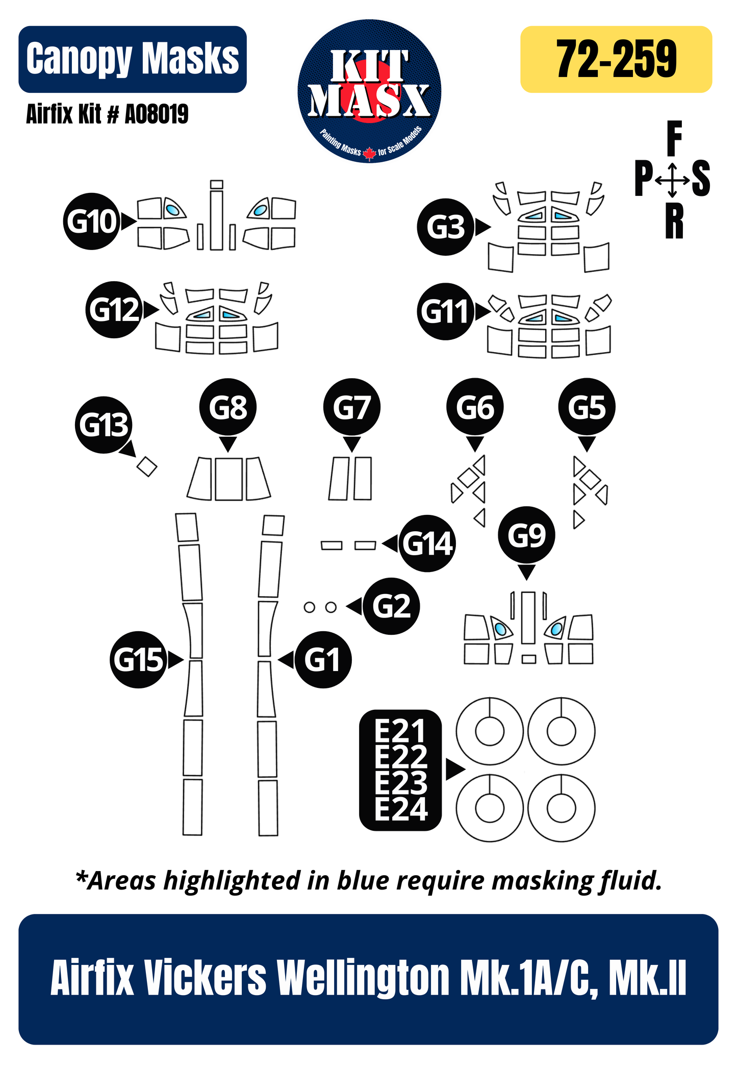 Airfix Vickers Wellington Mk.1A/C, Mk.II 1/72 Canopy & Wheel Paint Masks, Kit # A08019