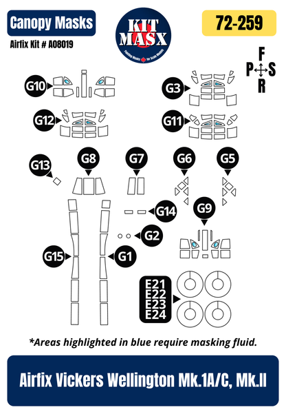 Airfix Vickers Wellington Mk.1A/C, Mk.II 1/72 Canopy & Wheel Paint Masks, Kit # A08019