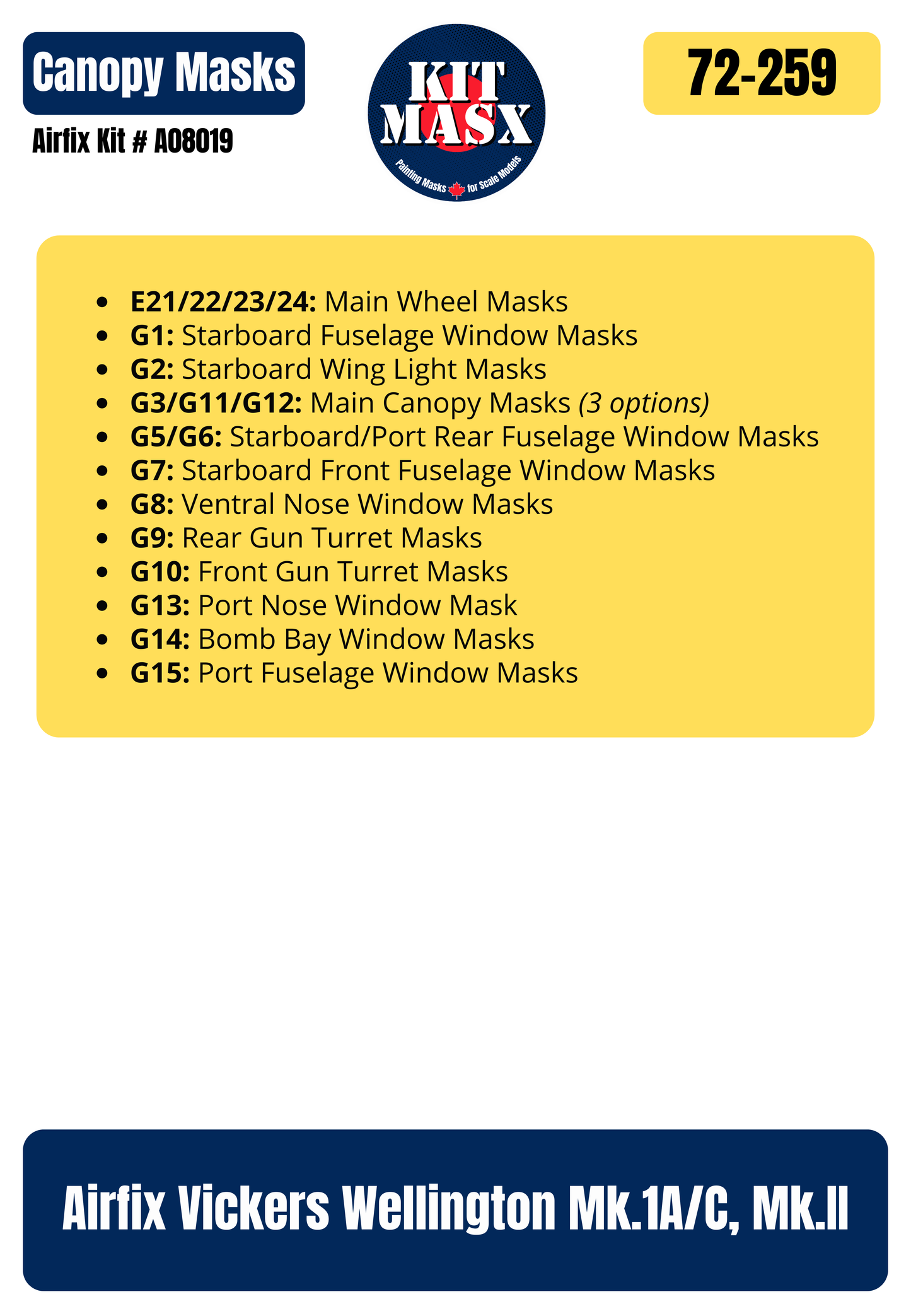 Airfix Vickers Wellington Mk.1A/C, Mk.II 1/72 Canopy & Wheel Paint Masks, Kit # A08019