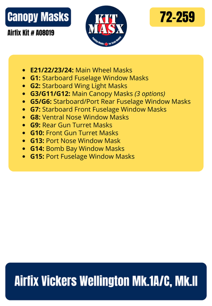 Airfix Vickers Wellington Mk.1A/C, Mk.II 1/72 Canopy & Wheel Paint Masks, Kit # A08019