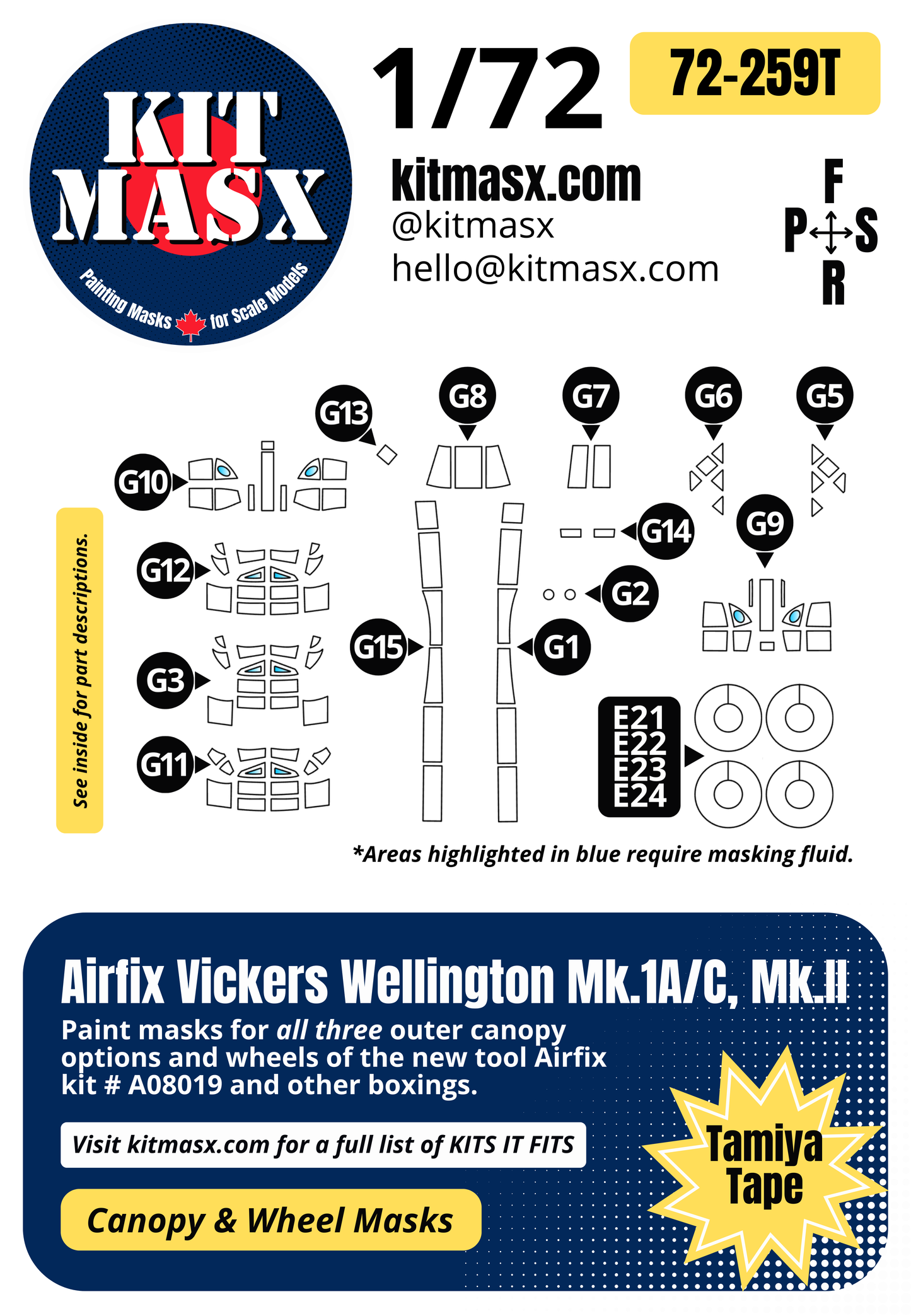 Airfix Vickers Wellington Mk.1A/C, Mk.II 1/72 Canopy & Wheel Paint Masks, Kit # A08019