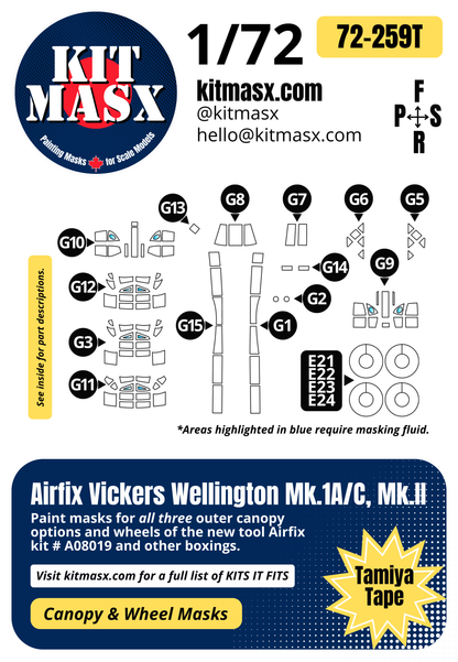 Airfix Vickers Wellington Mk.1A/C, Mk.II 1/72 Canopy & Wheel Paint Masks, Kit # A08019