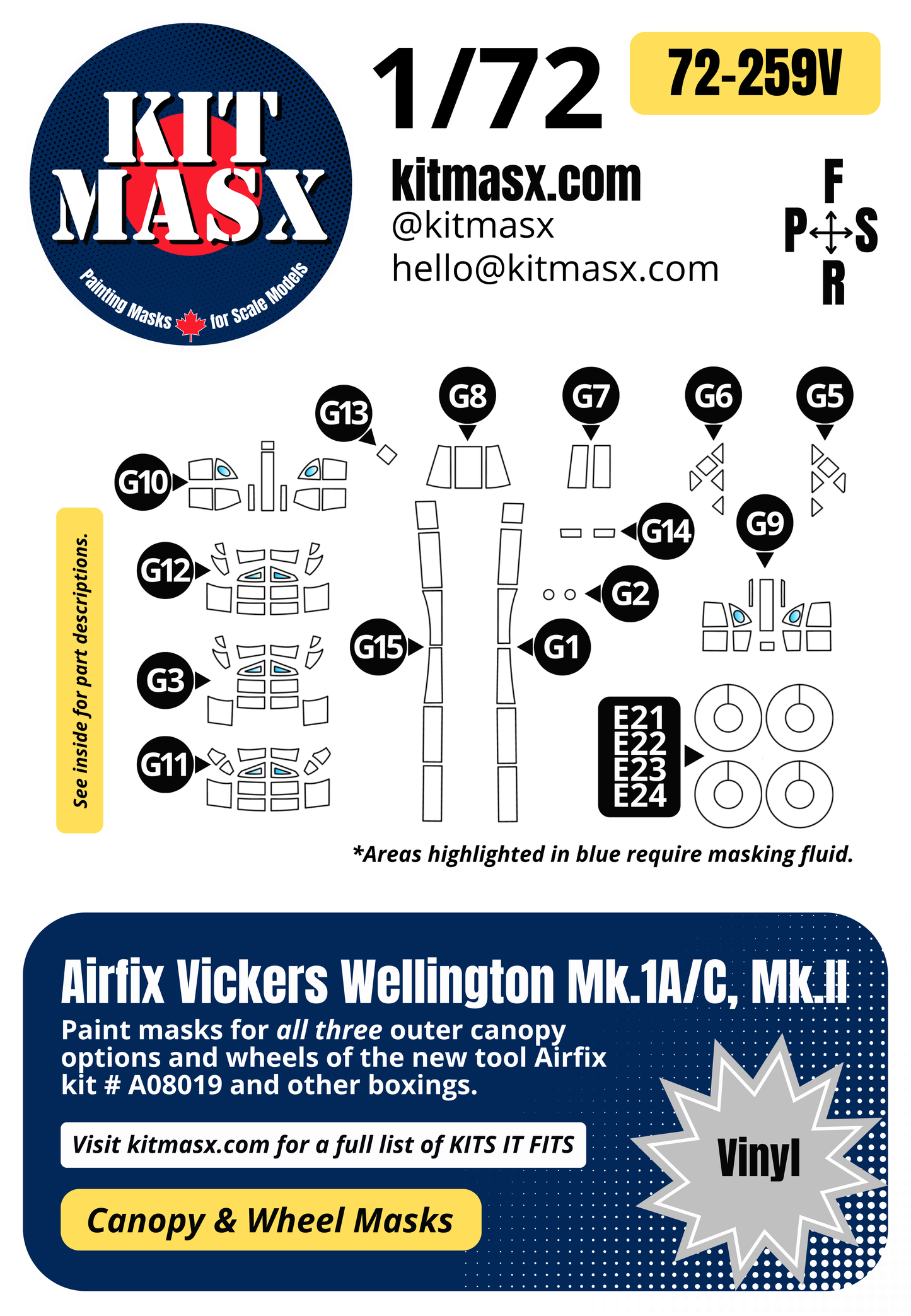 Airfix Vickers Wellington Mk.1A/C, Mk.II 1/72 Canopy & Wheel Paint Masks, Kit # A08019