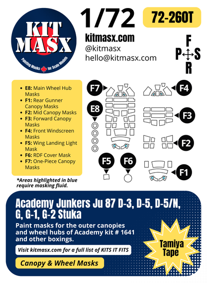 Academy Junkers Ju 87 D-3, D-5, D-5/N, G, G-1, G-2 Stuka 1/72 Canopy & Wheel Paint Masks, Kit # 1641
