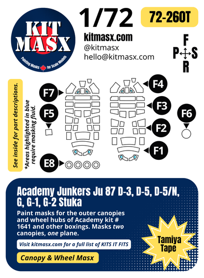 Academy Junkers Ju 87 D-3, D-5, D-5/N, G, G-1, G-2 Stuka 1/72 Canopy & Wheel Paint Masks, Kit # 1641