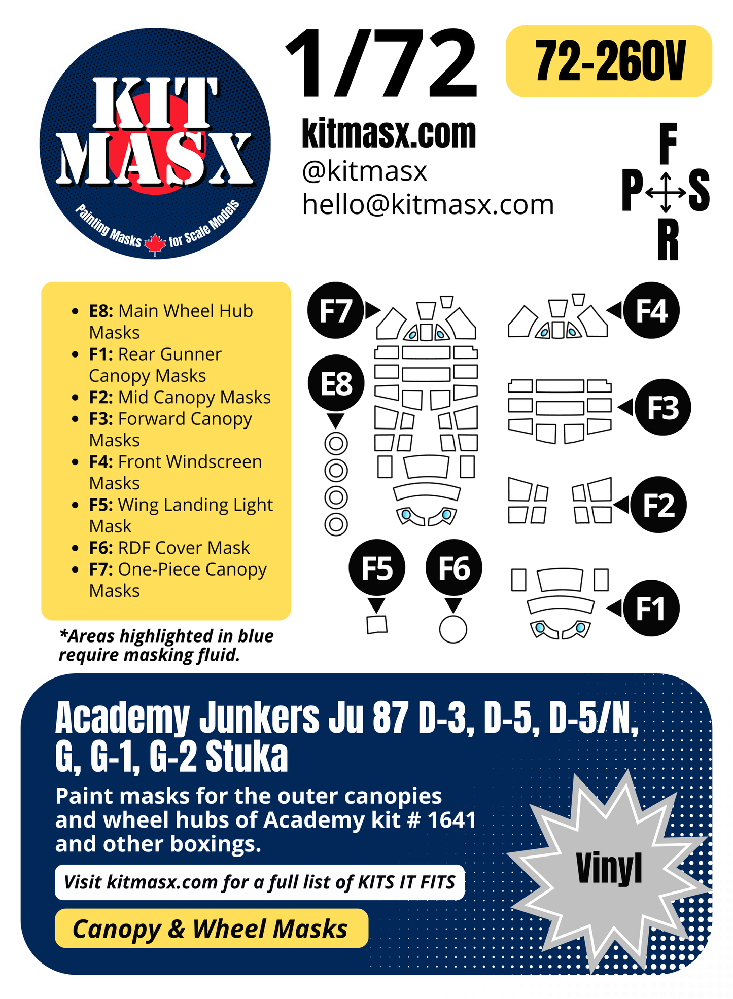 Academy Junkers Ju 87 D-3, D-5, D-5/N, G, G-1, G-2 Stuka 1/72 Canopy & Wheel Paint Masks, Kit # 1641