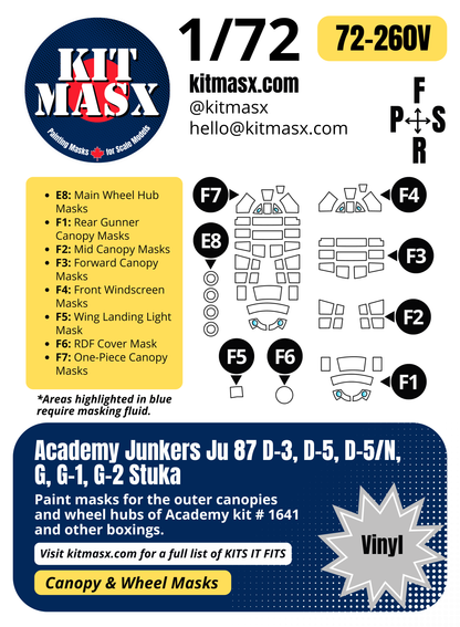 Academy Junkers Ju 87 D-3, D-5, D-5/N, G, G-1, G-2 Stuka 1/72 Canopy & Wheel Paint Masks, Kit # 1641