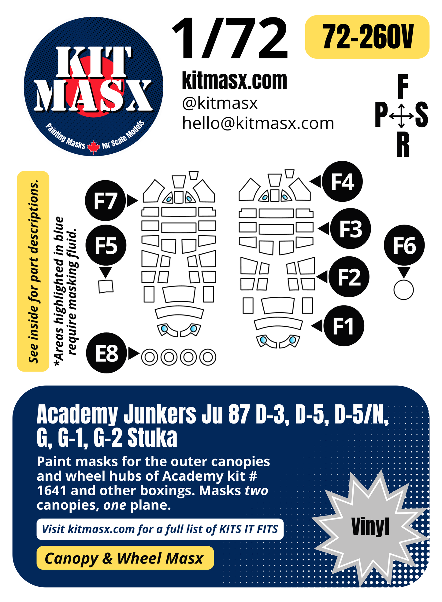 Academy Junkers Ju 87 D-3, D-5, D-5/N, G, G-1, G-2 Stuka 1/72 Canopy & Wheel Paint Masks, Kit # 1641