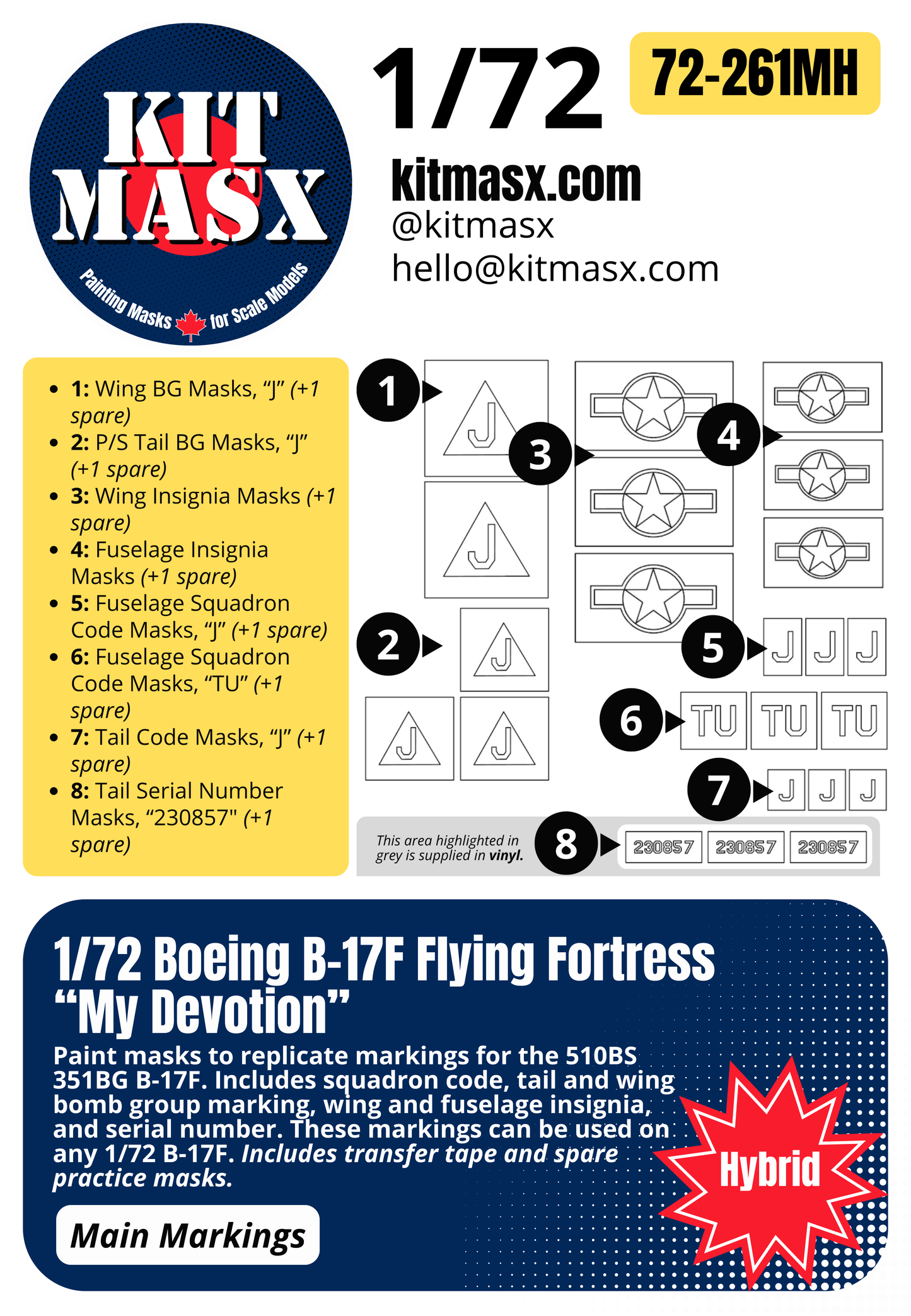 Boeing B-17F Flying Fortress “My Devotion” 1/72 Main Marking Paint Masks, SSI 48-320