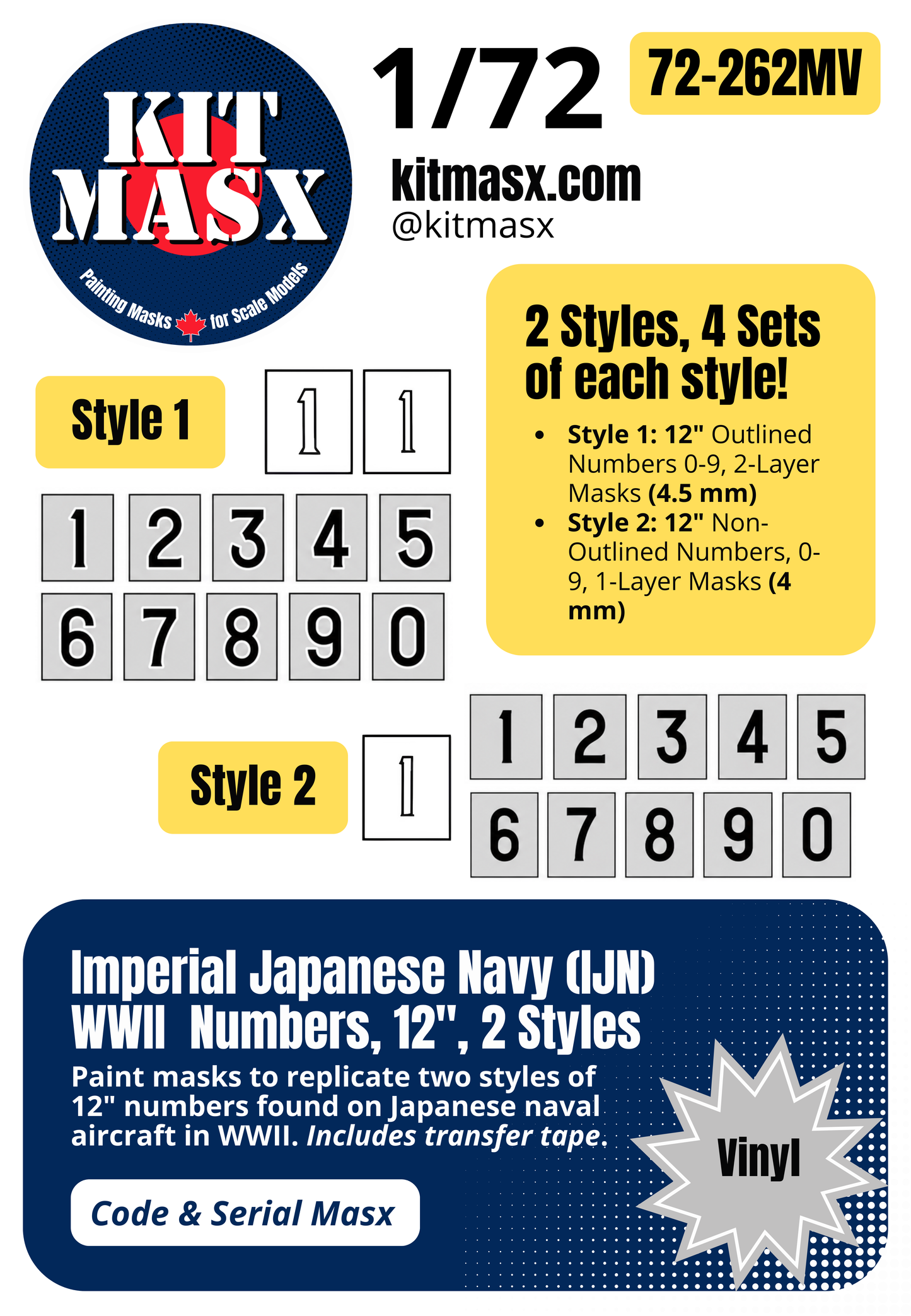 WWII Imperial Japanese Navy (IJN) Numbers, Outlined & Non-Outlined 1/72 Code & Serial Paint Masks (72262M)