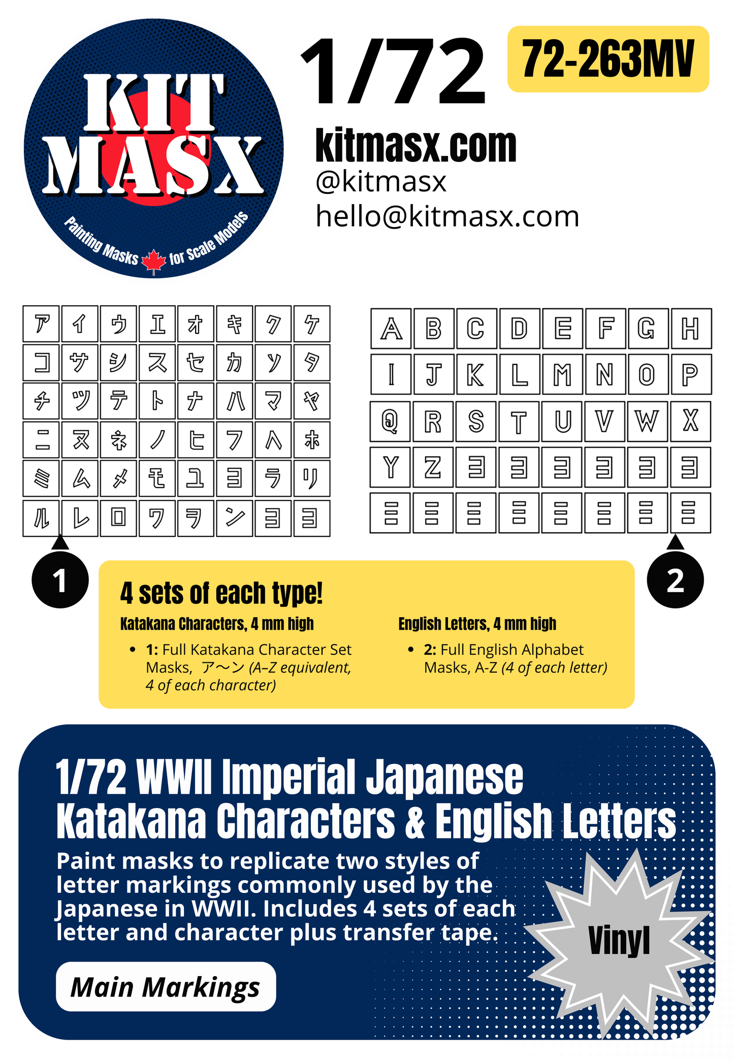 WWII Imperial Japanese Katakana Characters & English Letters 1/72 Main Marking Paint Masks