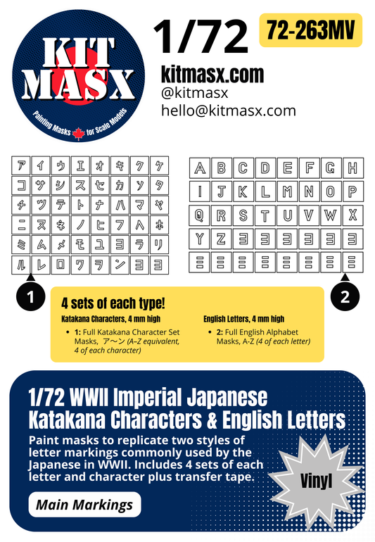 WWII Imperial Japanese Katakana Characters & English Letters 1/72 Main Marking Paint Masks