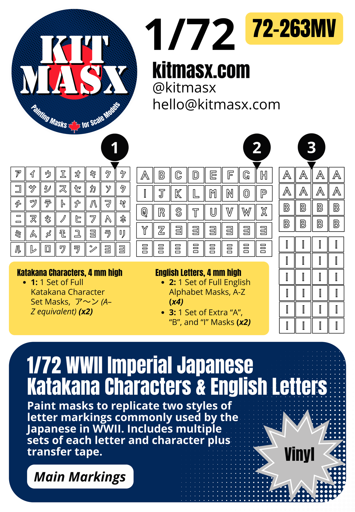 WWII Imperial Japanese Katakana Characters & English Letters 1/72 Main Marking Paint Masks