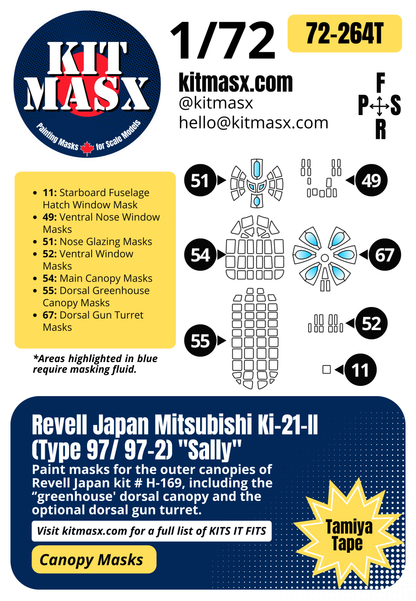 Revell Japan Mitsubishi Ki-21-II (Type 97/ 97-2) "Sally" 1/72 Canopy Paint Masks, Kit # H-169