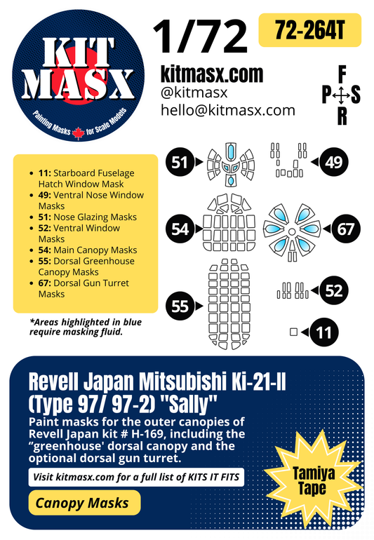 Revell Japan Mitsubishi Ki-21-II (Type 97/ 97-2) "Sally" 1/72 Canopy Paint Masks, Kit # H-169