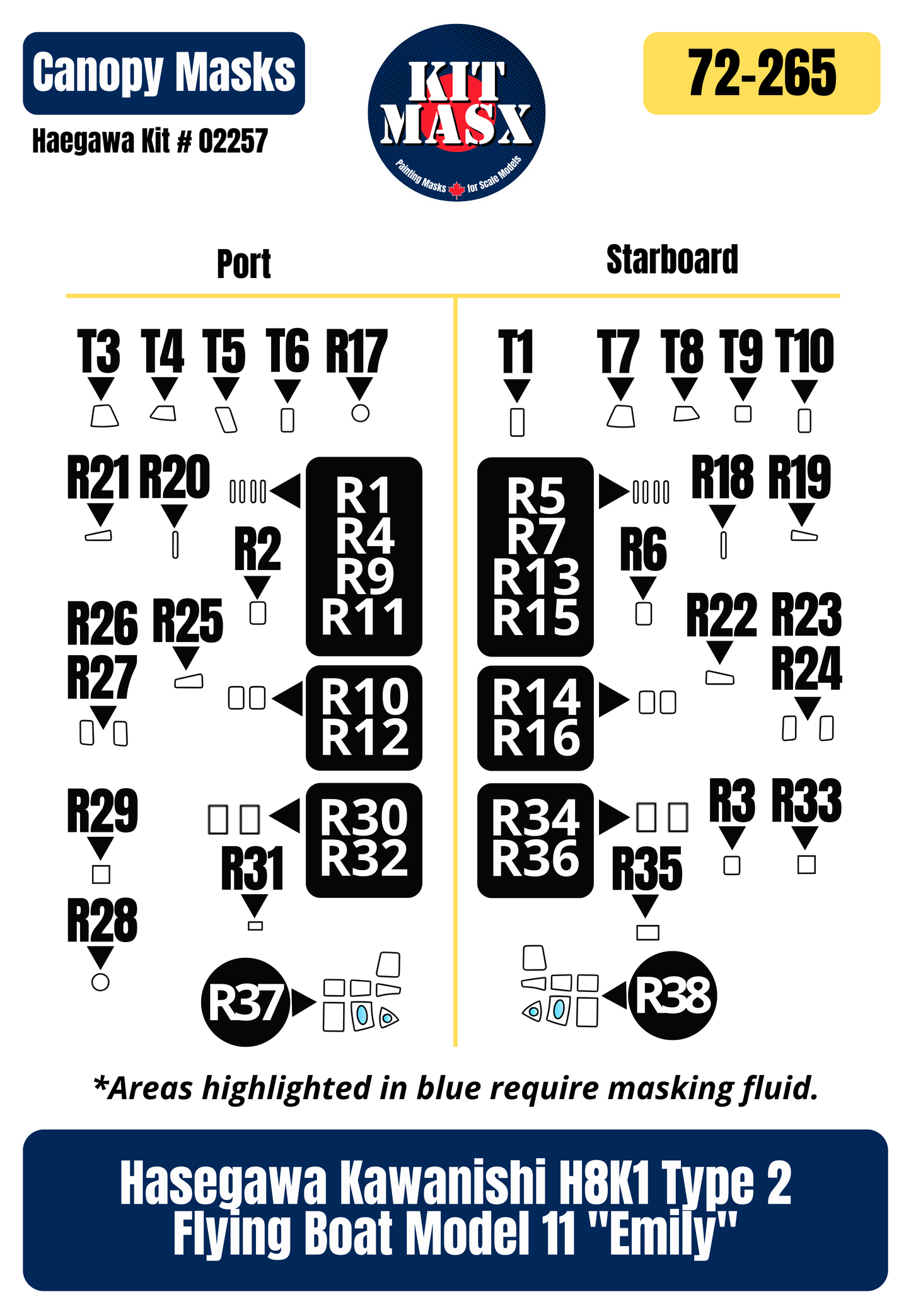 Hasegawa Kawanishi H8K1 Type 2 Flying Boat Model 11 "Emily" 1/72 Canopy Paint Masks, Kit # 02257