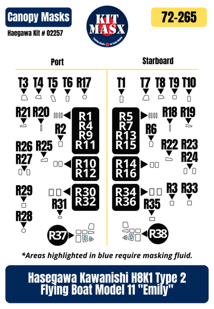 Hasegawa Kawanishi H8K1 Type 2 Flying Boat Model 11 "Emily" 1/72 Canopy Paint Masks, Kit # 02257