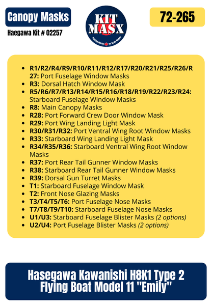 Hasegawa Kawanishi H8K1 Type 2 Flying Boat Model 11 "Emily" 1/72 Canopy Paint Masks, Kit # 02257