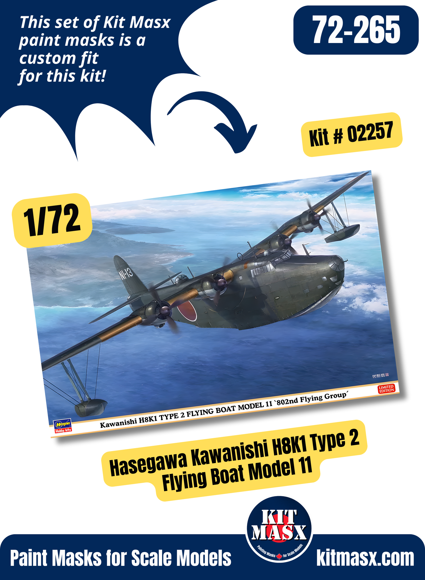Hasegawa Kawanishi H8K1 Type 2 Flying Boat Model 11 "Emily" 1/72 Canopy Paint Masks, Kit # 02257
