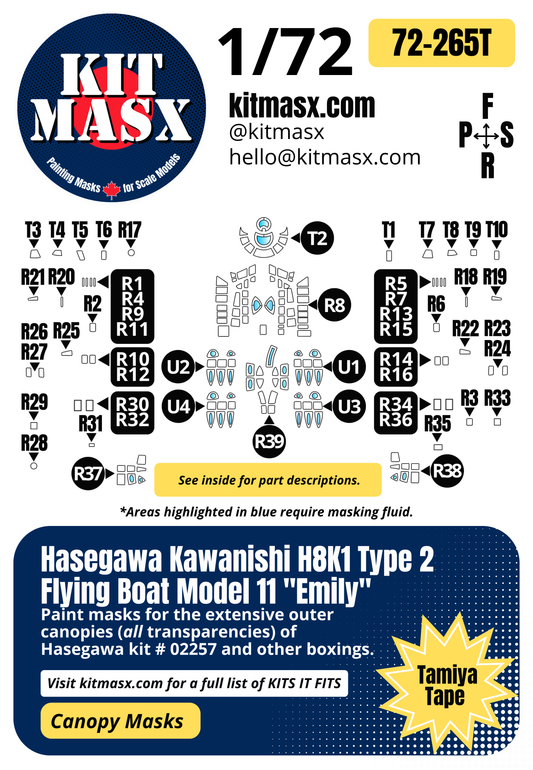 Hasegawa Kawanishi H8K1 Type 2 Flying Boat Model 11 "Emily" 1/72 Canopy Paint Masks, Kit # 02257