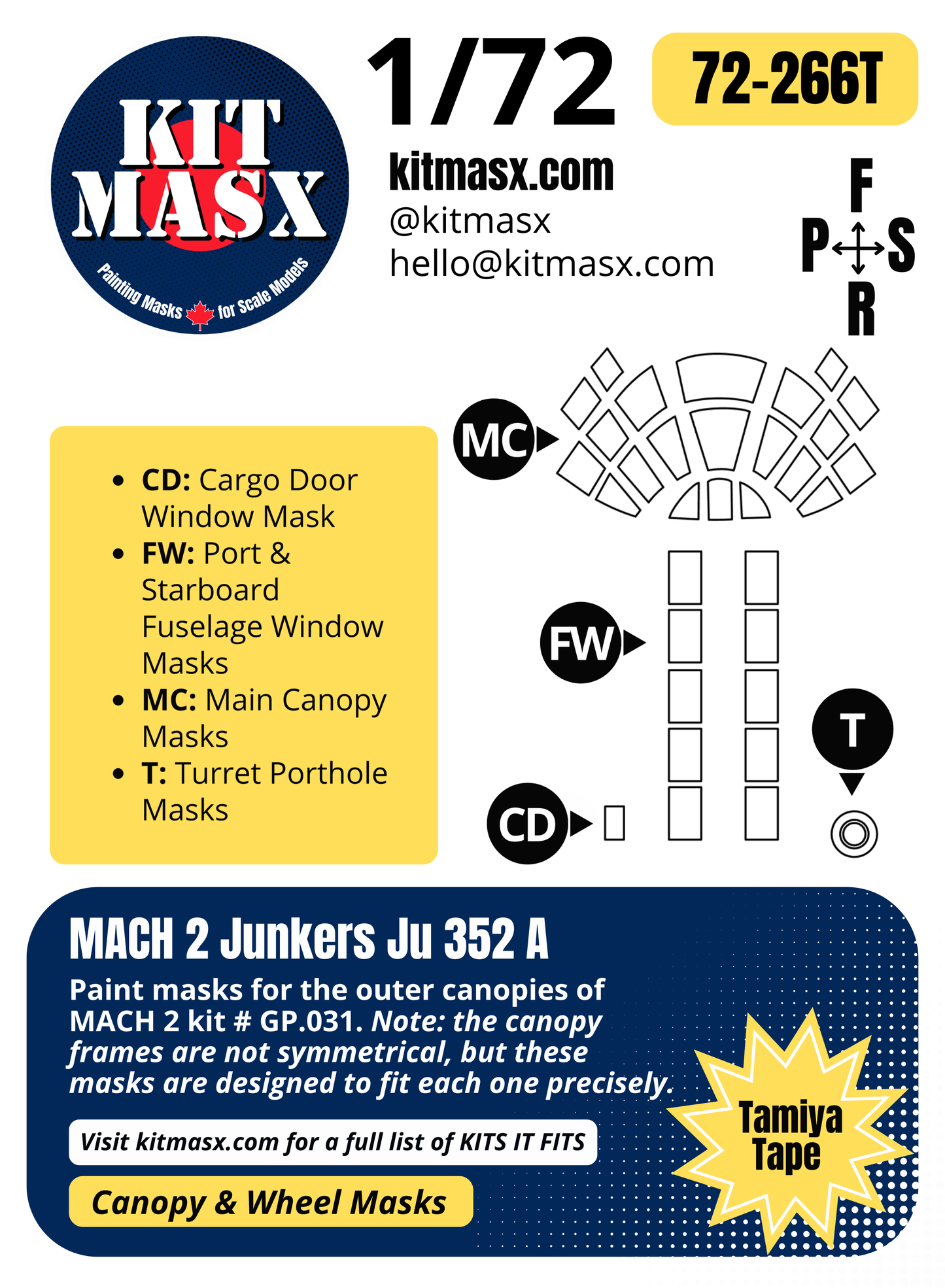 MACH 2 Junkers Ju 352 A 1/72 Canopy Paint Masks, Kit # GP.031