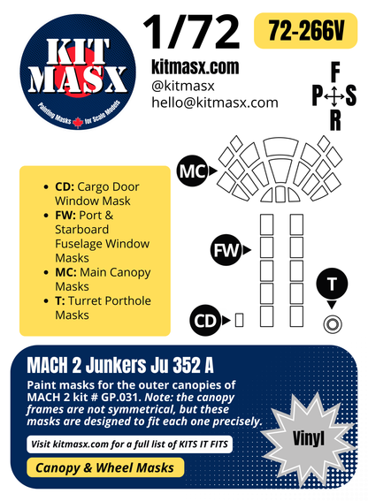 MACH 2 Junkers Ju 352 A 1/72 Canopy Paint Masks, Kit # GP.031