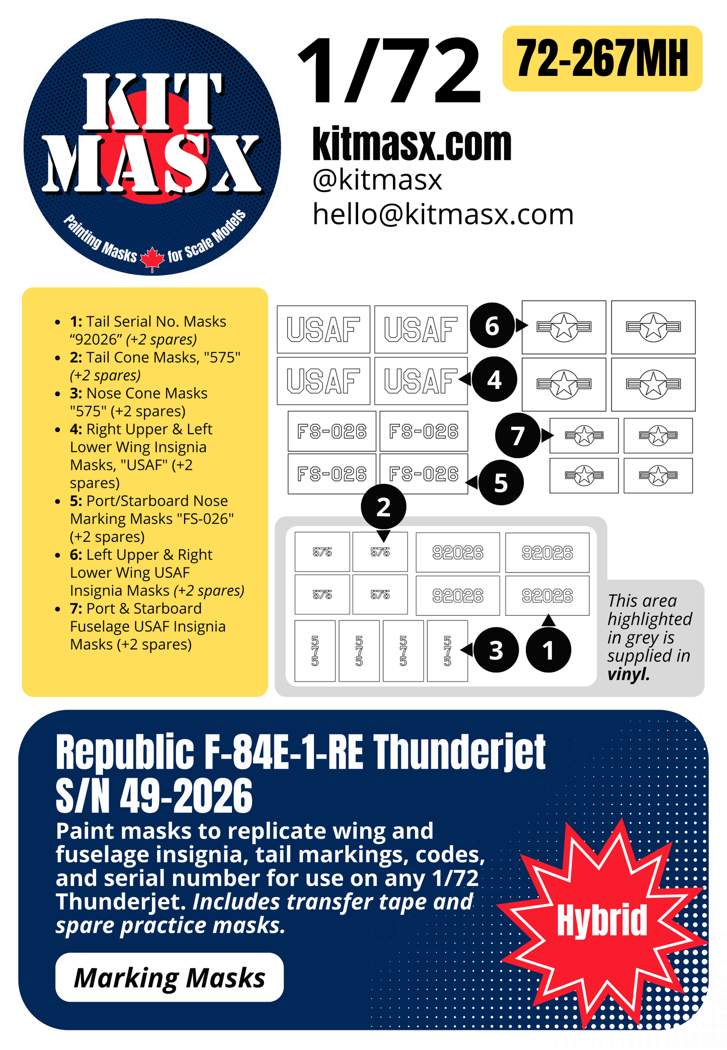 Republic F-84E-1-RE Thunderjet, S/N 49-2026 1/72 Main Marking Paint Masks