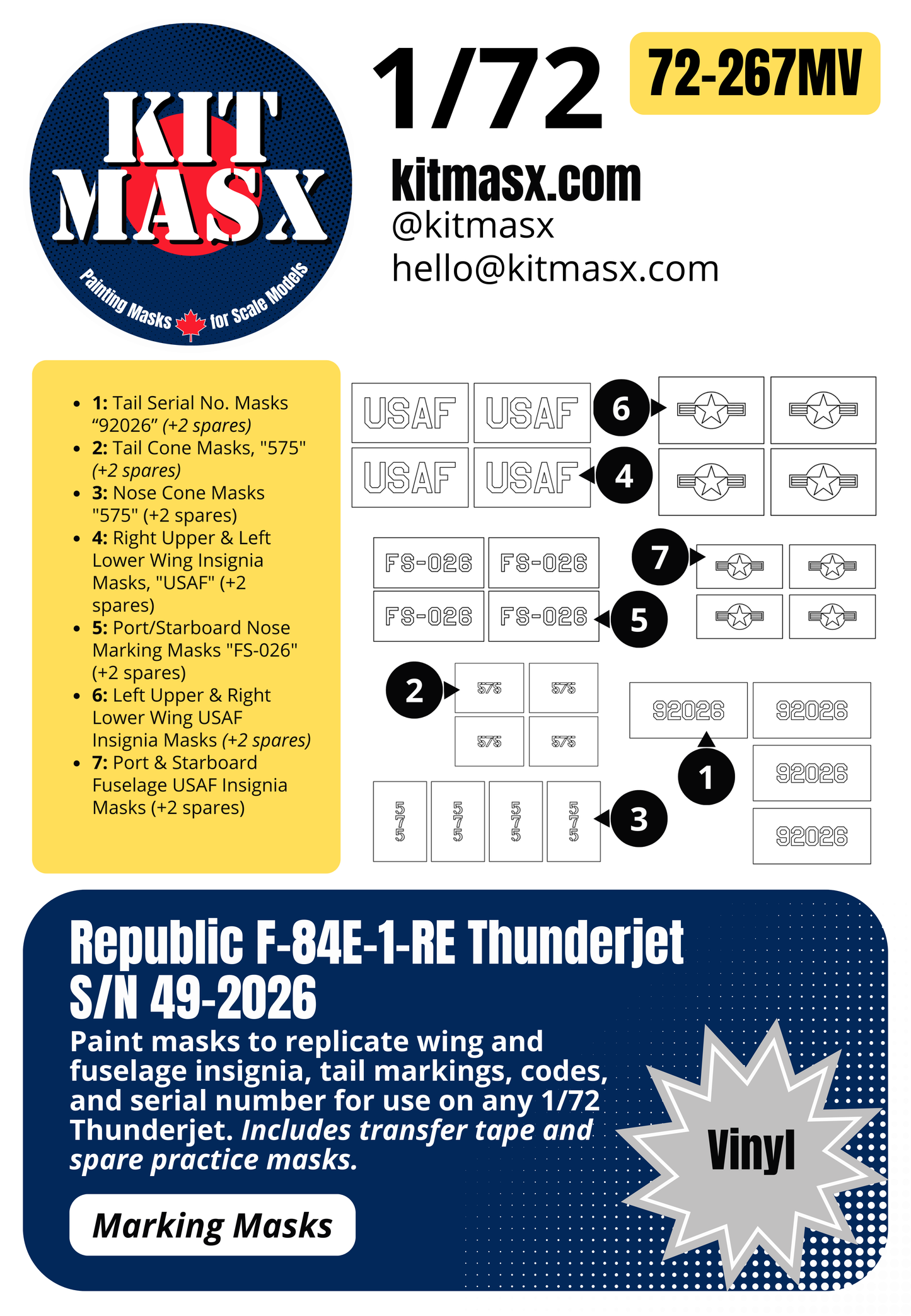 Republic F-84E-1-RE Thunderjet, S/N 49-2026 1/72 Main Marking Paint Masks