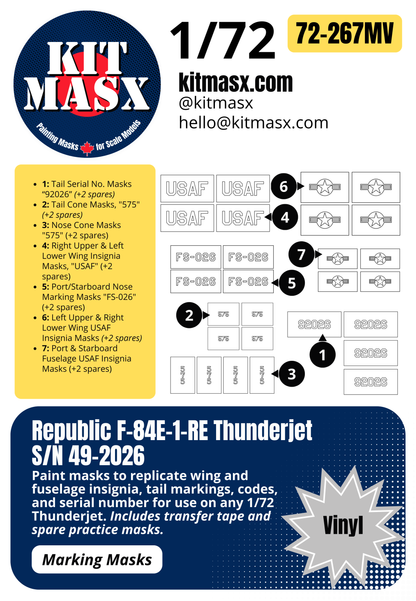 Republic F-84E-1-RE Thunderjet, S/N 49-2026 1/72 Main Marking Paint Masks