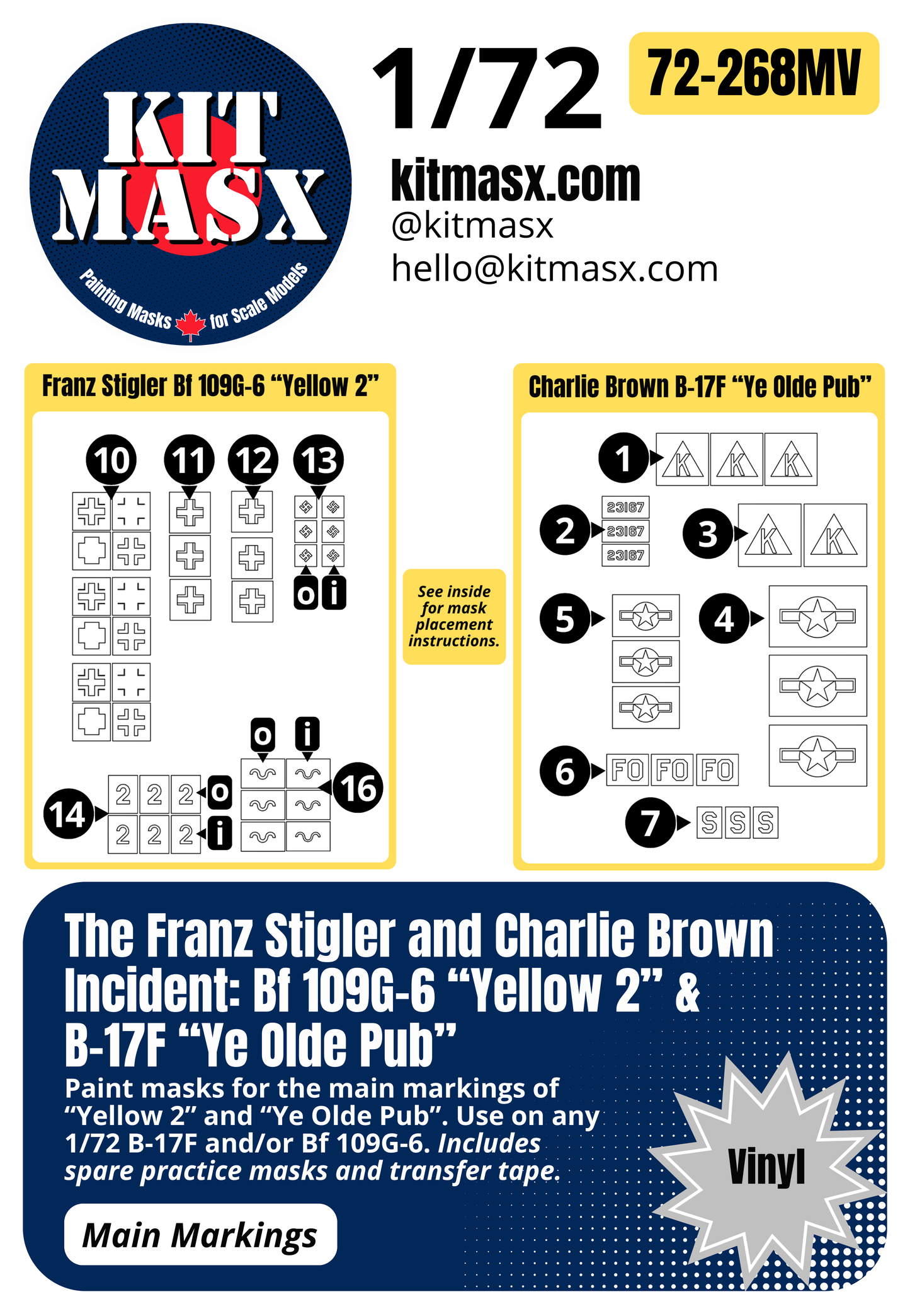 The Franz Stigler and Charlie Brown Incident: Bf 109G-6 “Yellow 2” & B-17F “Ye Olde Pub” 1/72 Main Marking Paint Masks