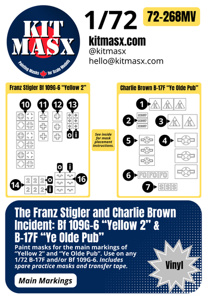 The Franz Stigler and Charlie Brown Incident: Bf 109G-6 “Yellow 2” & B-17F “Ye Olde Pub” 1/72 Main Marking Paint Masks