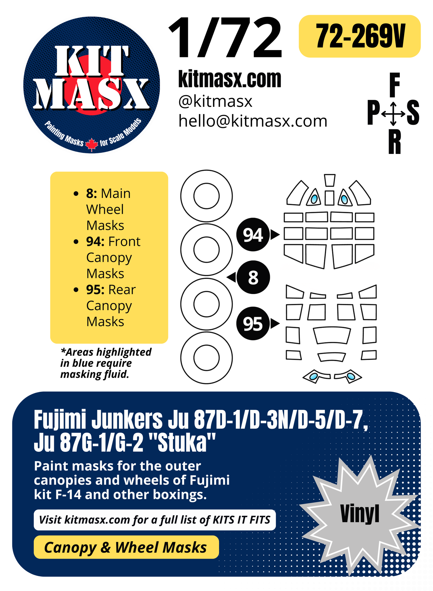 Fujimi Junkers Ju 87D-1/D-3N/D-5/D-7, Ju 87G-1/G-2 "Stuka" 1/72 Canopy & Wheel Paint Masks, Kit # F-14