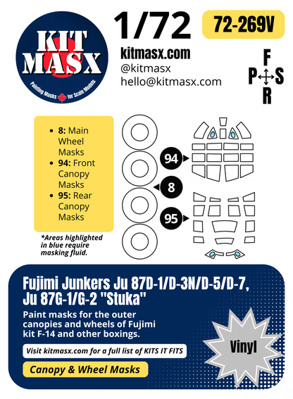 Fujimi Junkers Ju 87D-1/D-3N/D-5/D-7, Ju 87G-1/G-2 "Stuka" 1/72 Canopy & Wheel Paint Masks, Kit # F-14