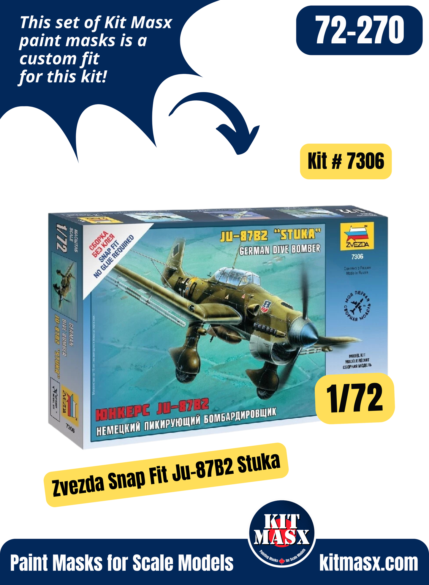 Zvezda Junkers Ju 87B-2, Ju-87B-2/U4 "Stuka" 1/72 Canopy & Wheel Paint Masks, Kit # 7306