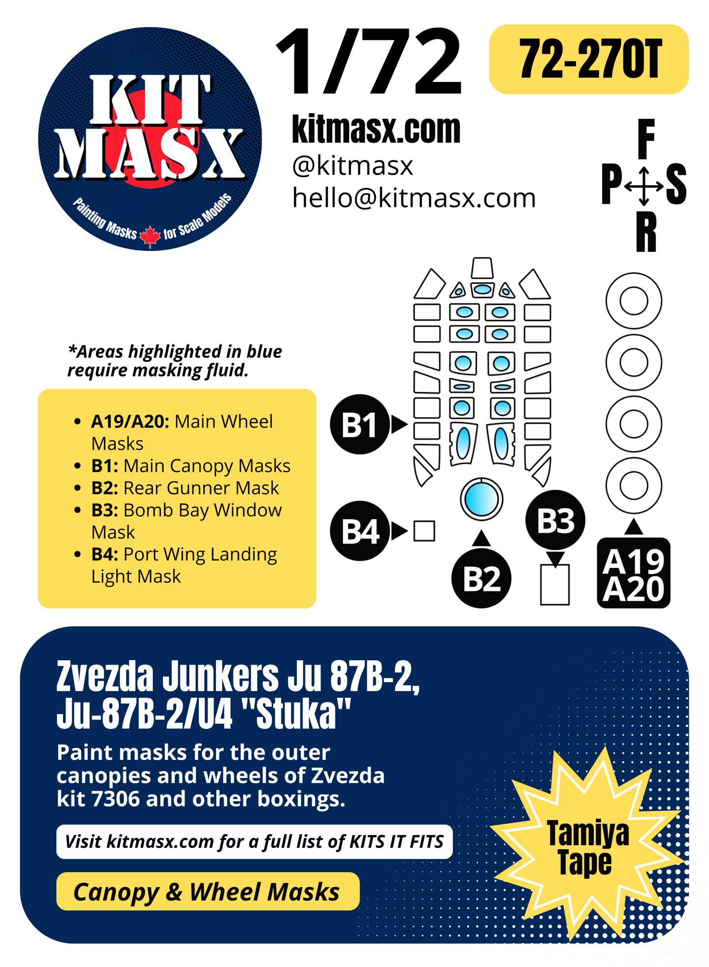 Zvezda Junkers Ju 87B-2, Ju-87B-2/U4 "Stuka" 1/72 Canopy & Wheel Paint Masks, Kit # 7306