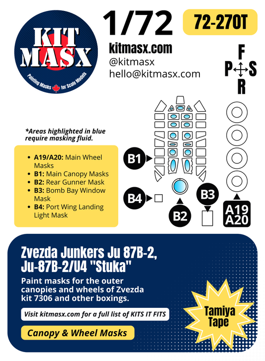 Zvezda Junkers Ju 87B-2, Ju-87B-2/U4 "Stuka" 1/72 Canopy & Wheel Paint Masks, Kit # 7306