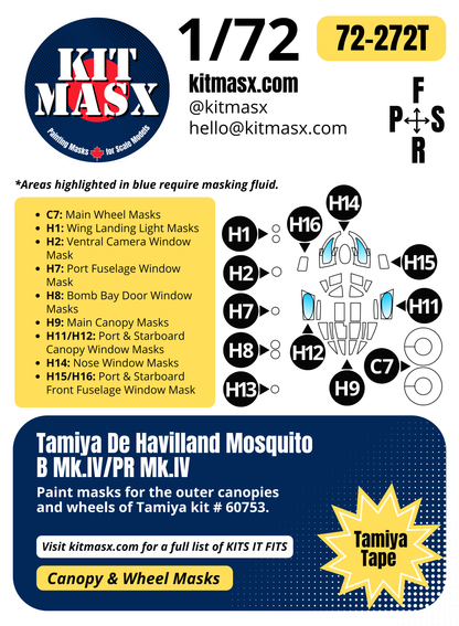 Tamiya De Havilland Mosquito B Mk.IV/PR Mk.IV 1/72 Canopy & Wheel Paint Masks, Kit # 60753