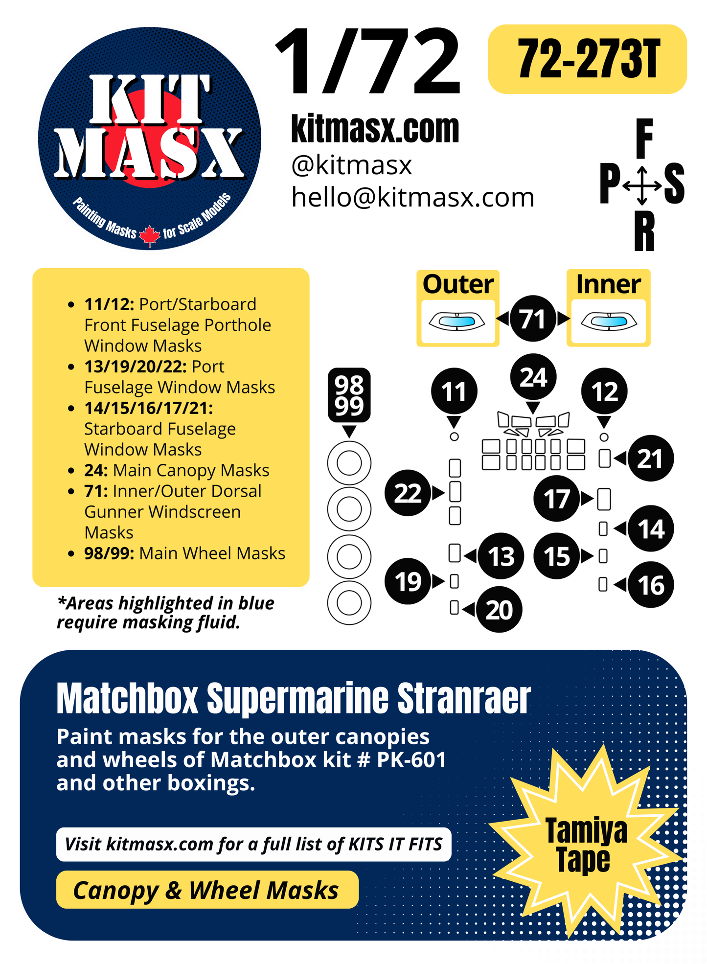 Matchbox Supermarine Stranraer 1/72 Canopy & Wheel Paint Masks, Kit # PK-601